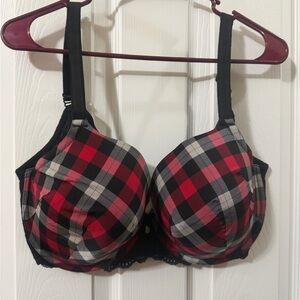 TORRID Curve 40DDD Black Red Gray Plaid UNDERWIRE BRA‎ Padded Push Up Sexy Lace